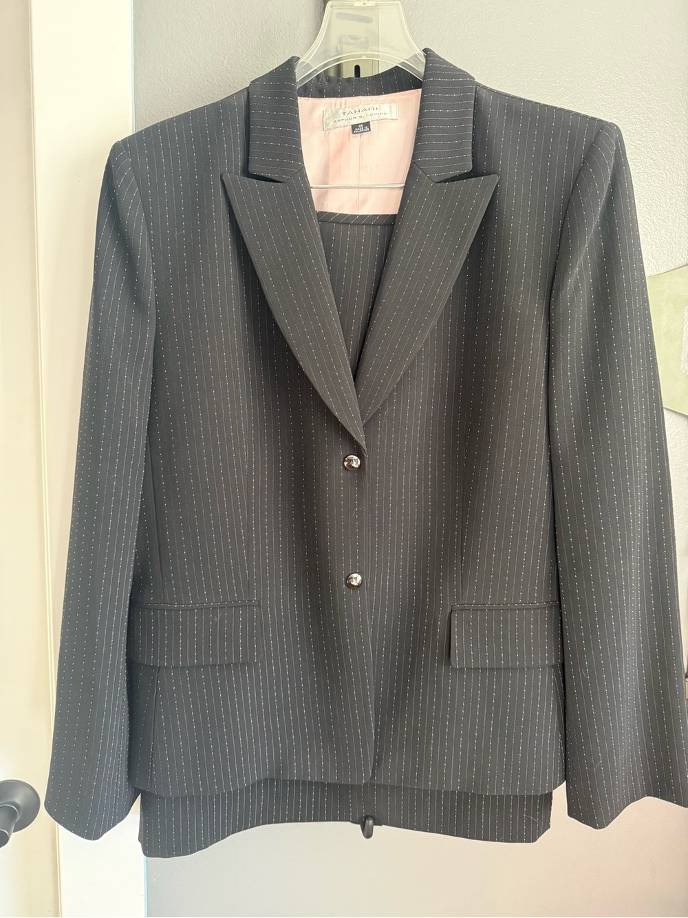 Tahari Black Pinstripe Asymmetrical Skirt Suit Set